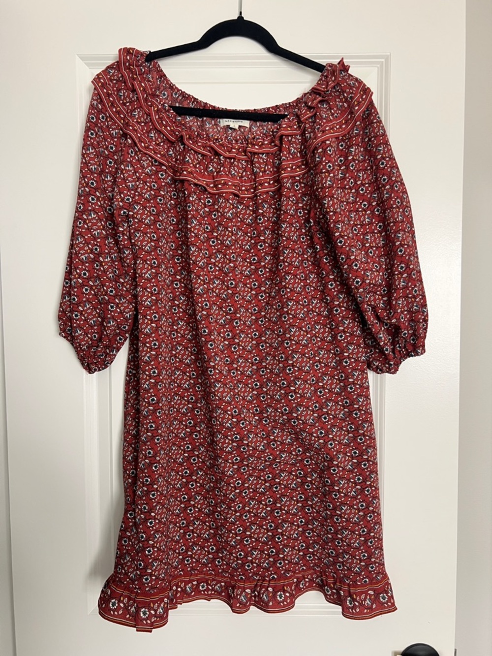 Max Studio Red Floral Off-Shoulder Boho Dress with 3/4 length sleeves size small